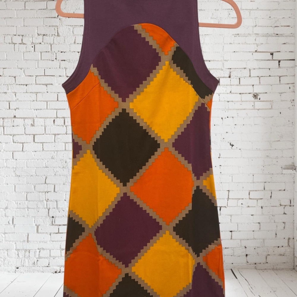 Tracy Negoshian Gold and Purple Sheath Midi Dress